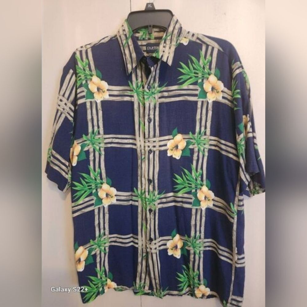 M4 Putitan Navy Green & Yellow Floral Button-Down Short-Sleeve Hawiian Shirt